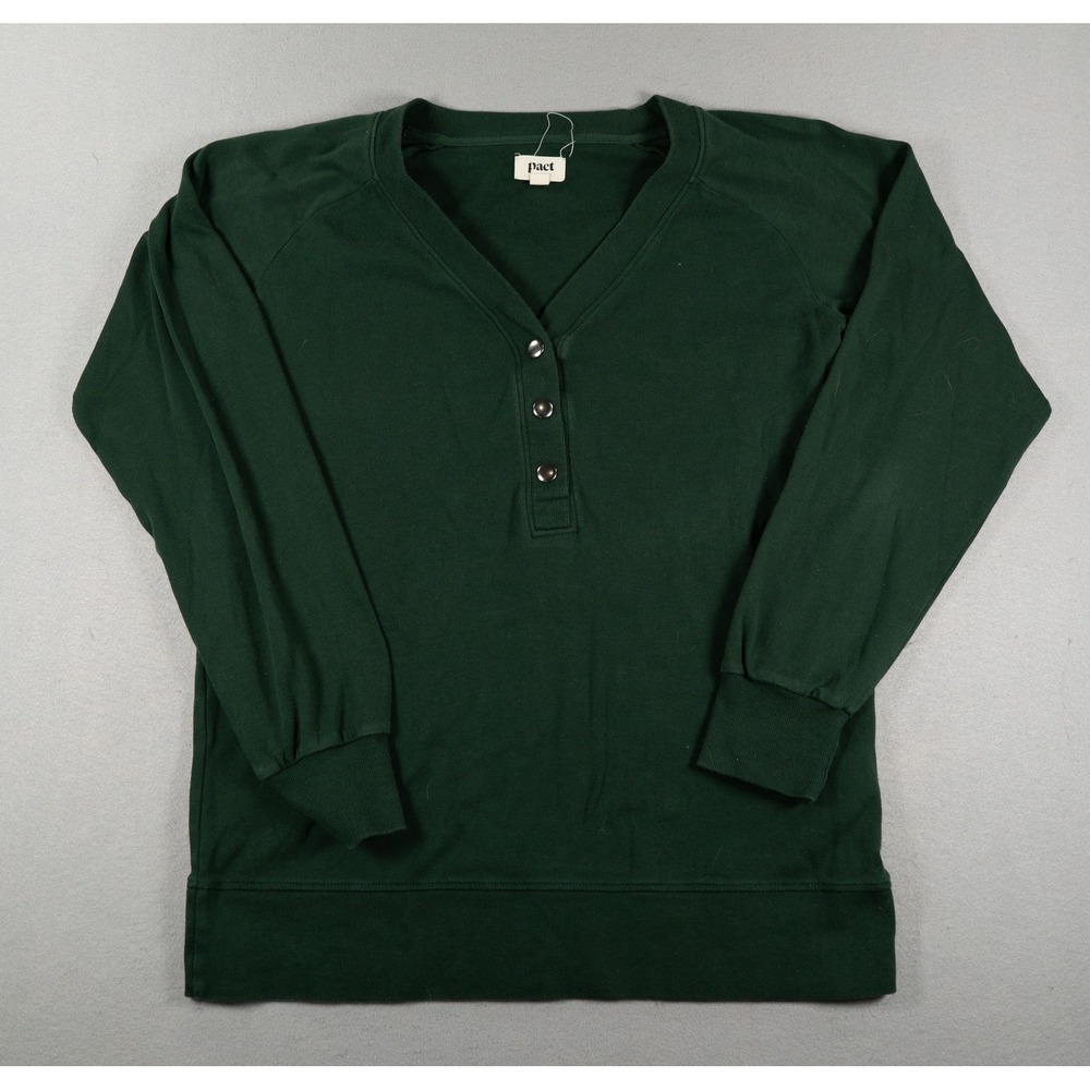 Pact Organic Cotton Henley V-Neck Sweatshirt Hunter Green Medium M Pullover